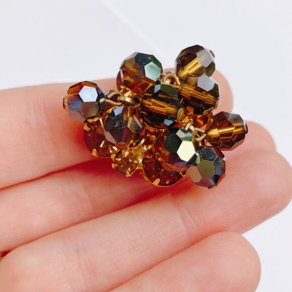 VTG Juliana Mid Century Cha Cha Brooch Earrings Set Gold Tone AB Beads Root Beer - Picture 11 of 14